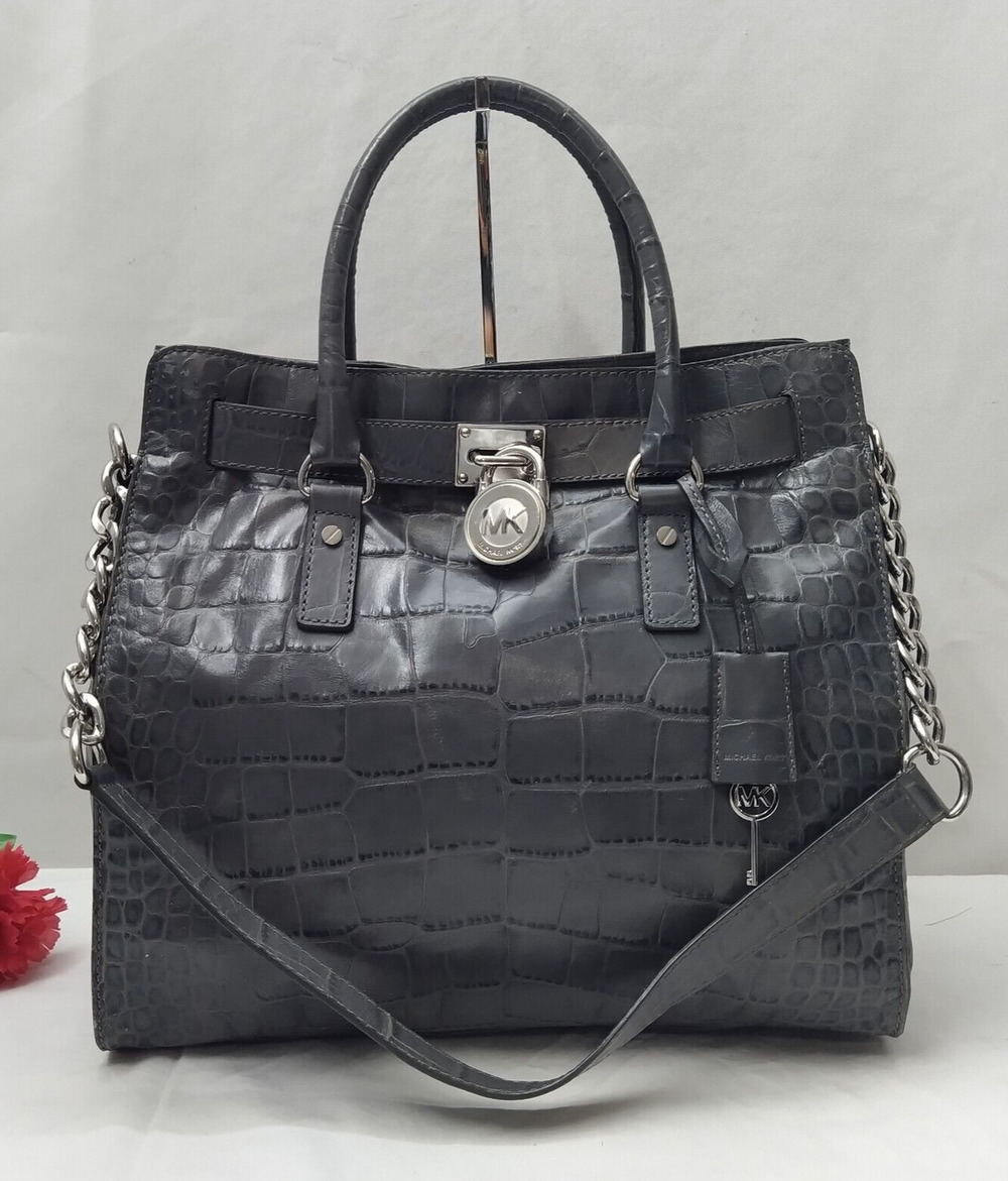 Michael Kors Hamilton Gray Leather Crocodile Embossed Lock Key Tote Bag